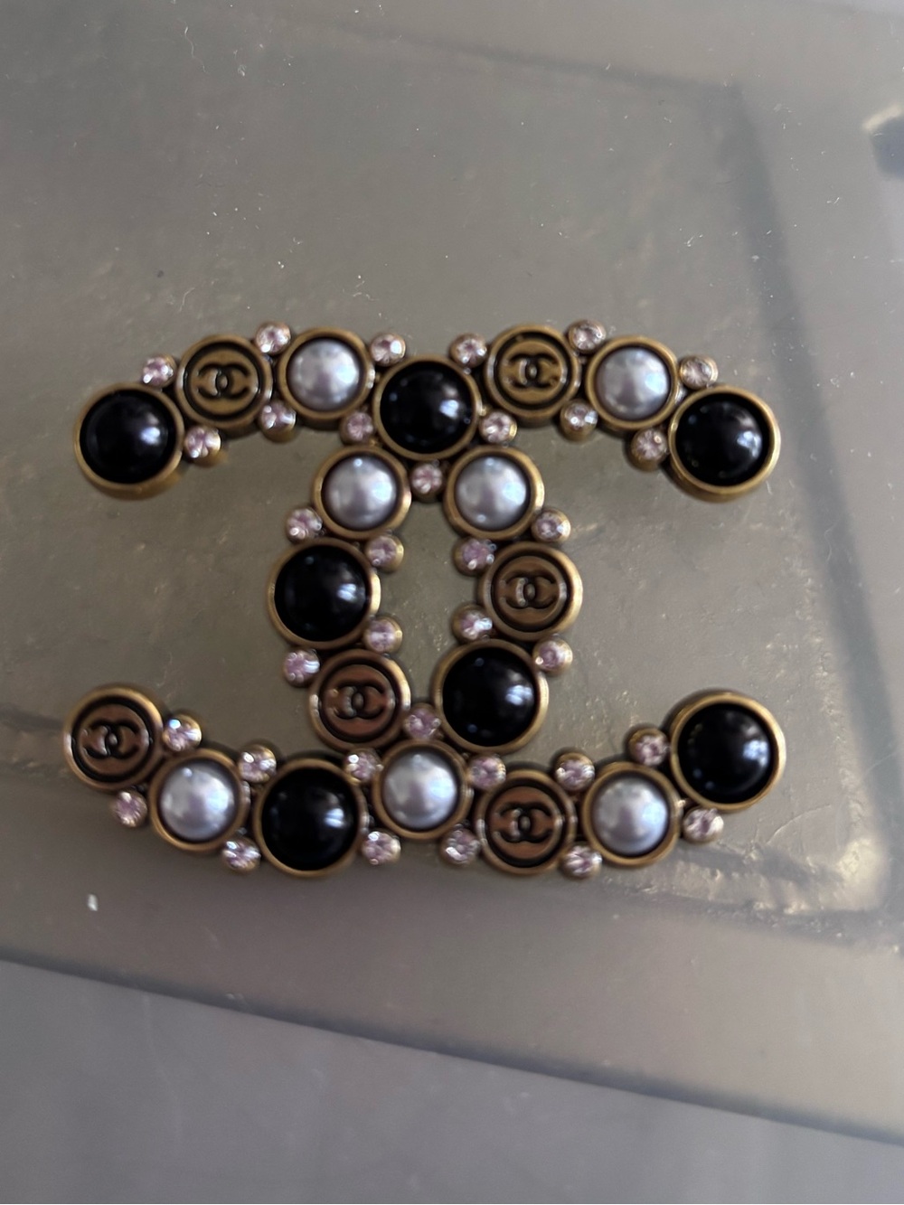 Black and Pearl Interlocking CC Brooch